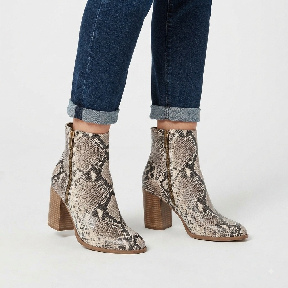 Womens Boots 8 Snakeskin Print Square Toe Block Heel Ankle Grey Brown
